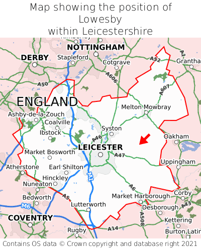 Map showing location of Lowesby within Leicestershire