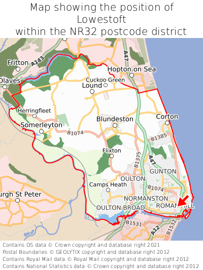 Map showing location of Lowestoft within NR32