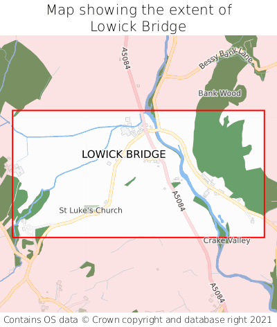 Map showing extent of Lowick Bridge as bounding box