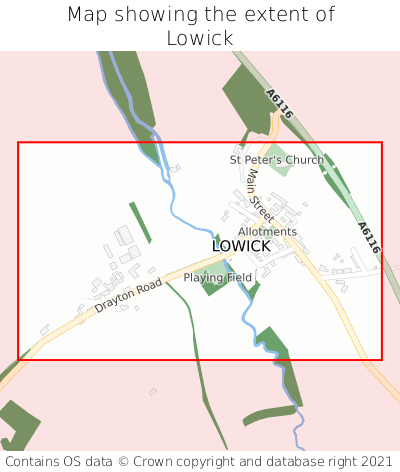 Map showing extent of Lowick as bounding box