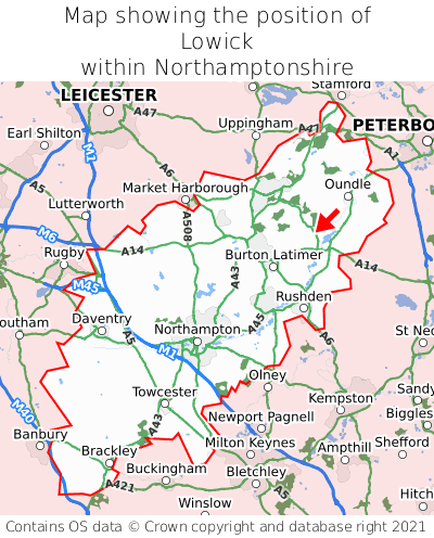 Map showing location of Lowick within Northamptonshire