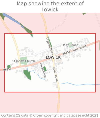 Map showing extent of Lowick as bounding box