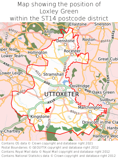 Map showing location of Loxley Green within ST14