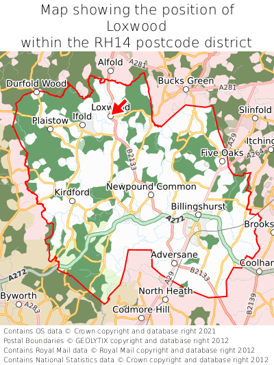 Map showing location of Loxwood within RH14