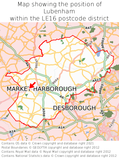 Map showing location of Lubenham within LE16