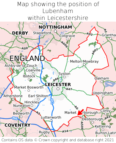 Map showing location of Lubenham within Leicestershire