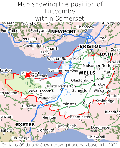 Map showing location of Luccombe within Somerset