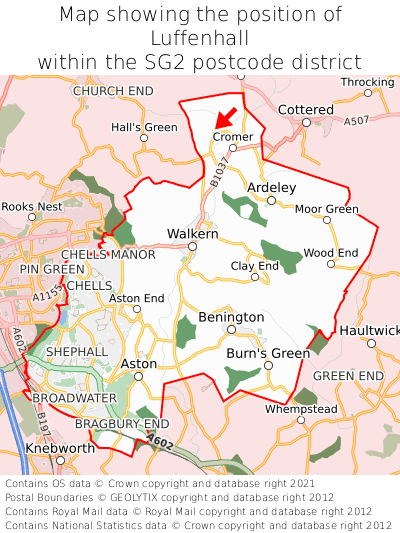 Map showing location of Luffenhall within SG2