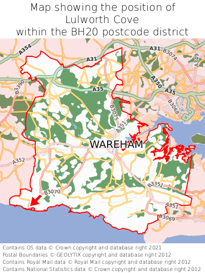 Map showing location of Lulworth Cove within BH20