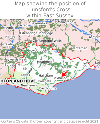 Map showing location of Lunsford's Cross within East Sussex