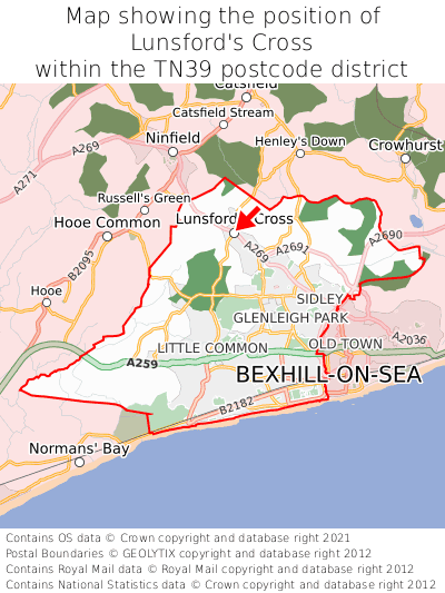 Map showing location of Lunsford's Cross within TN39