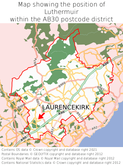 Map showing location of Luthermuir within AB30