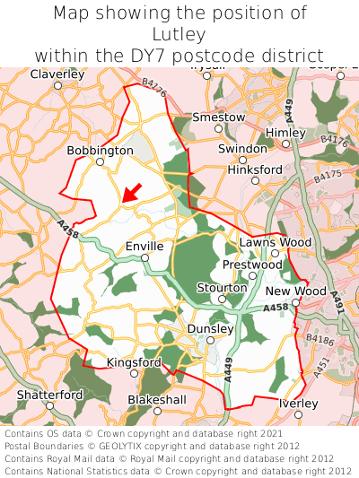 Map showing location of Lutley within DY7