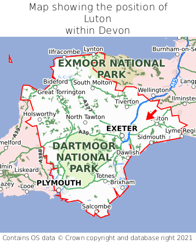 Map showing location of Luton within Devon