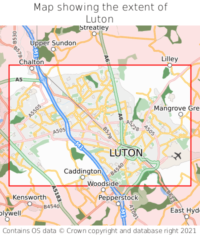 Map showing extent of Luton as bounding box