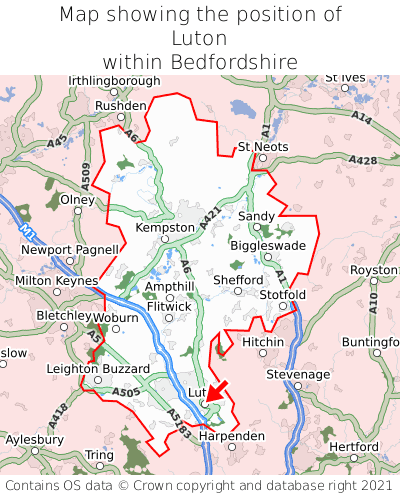 Map showing location of Luton within Bedfordshire