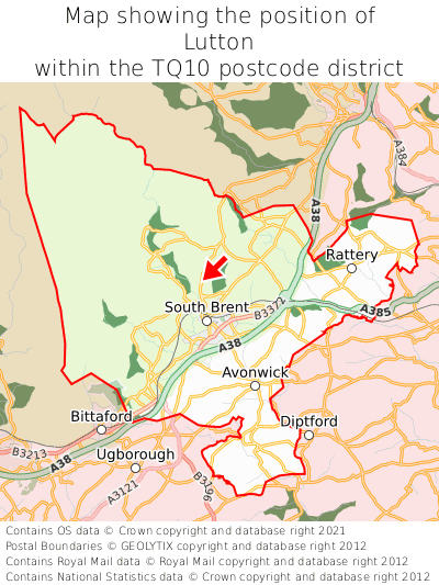 Map showing location of Lutton within TQ10