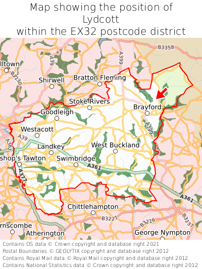 Map showing location of Lydcott within EX32