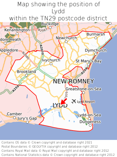 Map showing location of Lydd within TN29