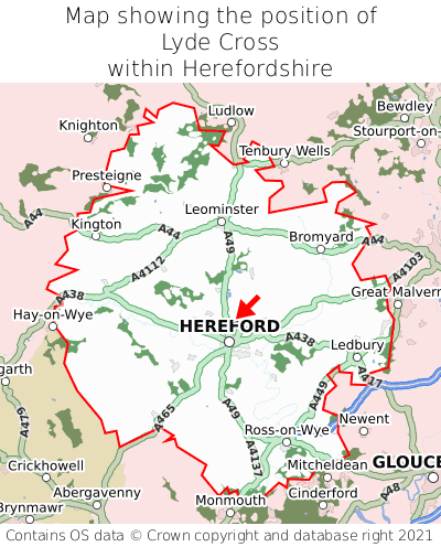 Map showing location of Lyde Cross within Herefordshire