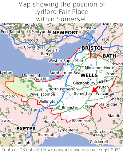 Map showing location of Lydford Fair Place within Somerset