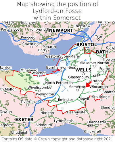 Map showing location of Lydford-on Fosse within Somerset