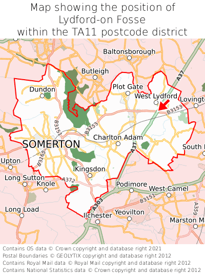 Map showing location of Lydford-on Fosse within TA11