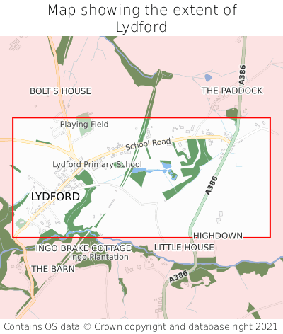 Map showing extent of Lydford as bounding box