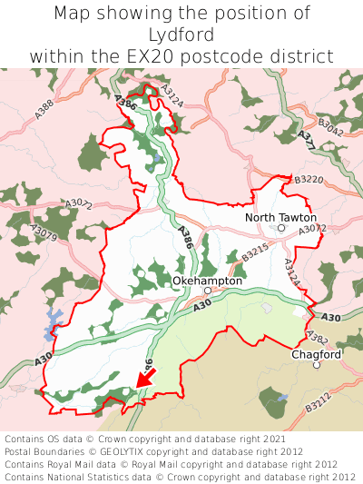 Map showing location of Lydford within EX20