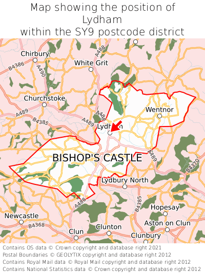 Map showing location of Lydham within SY9