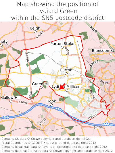 Map showing location of Lydiard Green within SN5