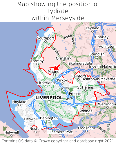 Map showing location of Lydiate within Merseyside