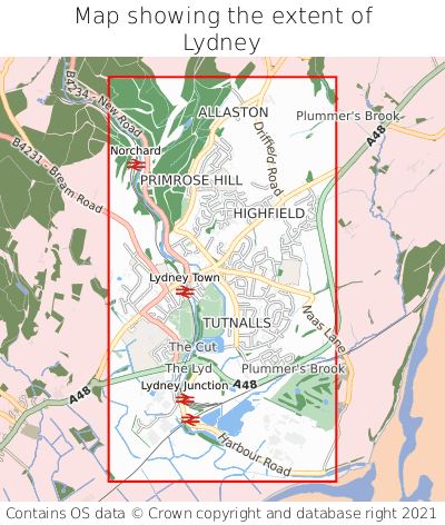 Map showing extent of Lydney as bounding box