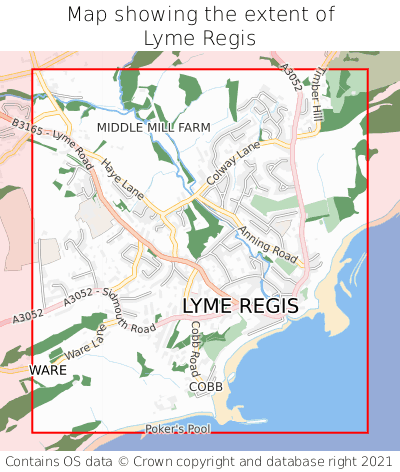 Map showing extent of Lyme Regis as bounding box
