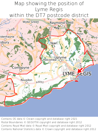 Map showing location of Lyme Regis within DT7