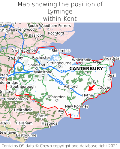 Map showing location of Lyminge within Kent
