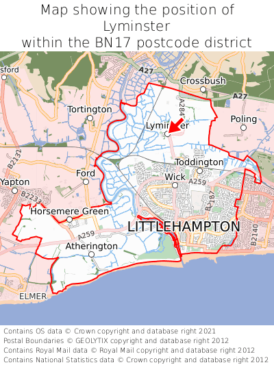 Map showing location of Lyminster within BN17