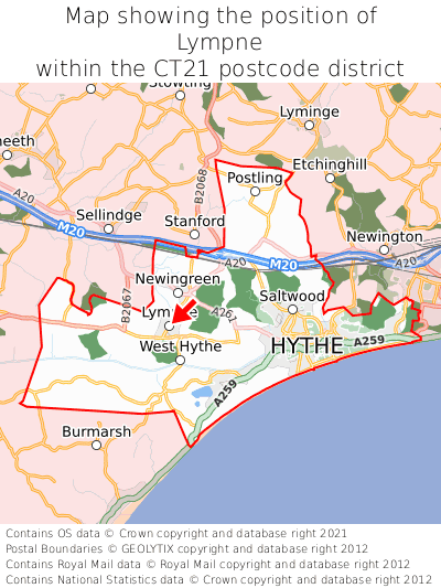 Map showing location of Lympne within CT21