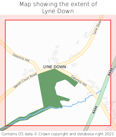 Map showing extent of Lyne Down as bounding box