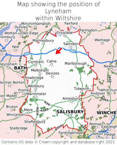 Map showing location of Lyneham within Wiltshire