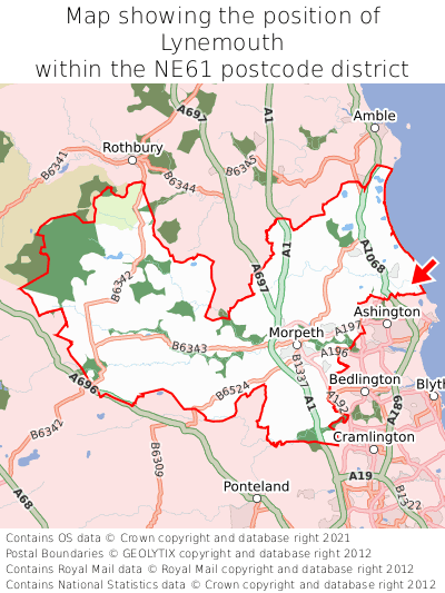 Map showing location of Lynemouth within NE61