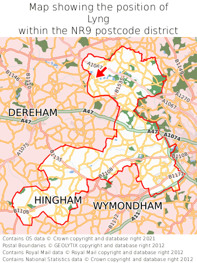 Map showing location of Lyng within NR9