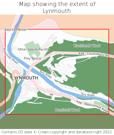 Map showing extent of Lynmouth as bounding box