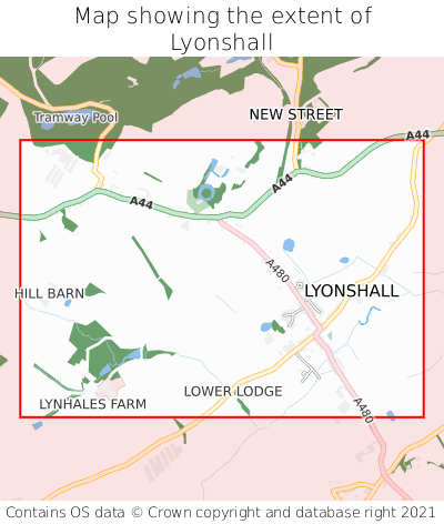 Map showing extent of Lyonshall as bounding box