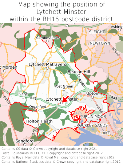 Map showing location of Lytchett Minster within BH16