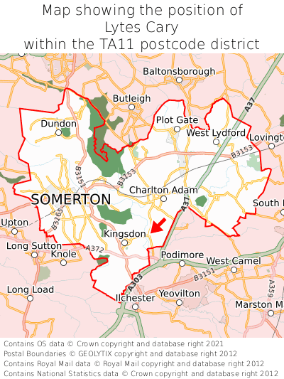 Map showing location of Lytes Cary within TA11