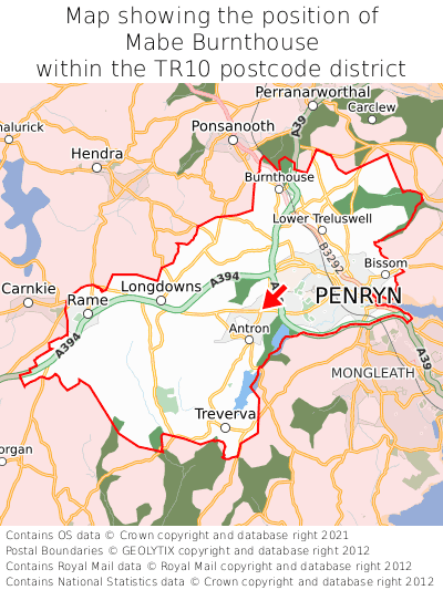 Map showing location of Mabe Burnthouse within TR10