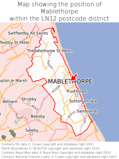 Map showing location of Mablethorpe within LN12