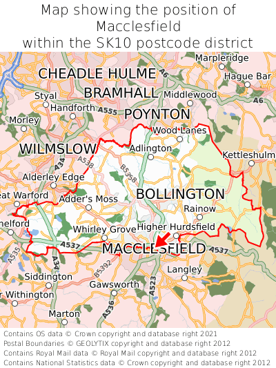 Map showing location of Macclesfield within SK10