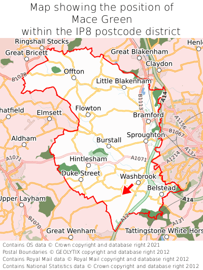 Map showing location of Mace Green within IP8